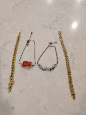 Elegant Mixed Metal Bracelet Set with Red Accent Stone Set Of 4